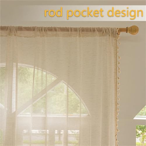 Rideau dentelle semi-transparent à pompons style champêtre rétro