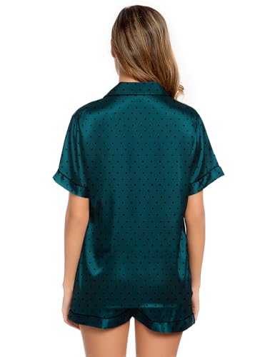Image of LecGee Womens Silk Satin Pajamas Short Sleeve Loungewear Two-Piece Sleepwear Button-Down Pj Set Deep Green Dots Large