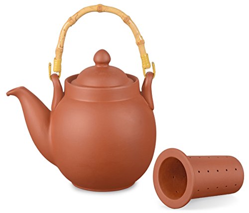 Aricola®, teiera in argilla con colino e maniglia in bambù, Argilla, 0,8 liter