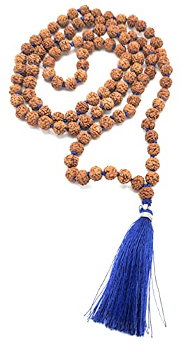 CMEI Original Rudraksha Mala for Wearing and Japa Mala (5 Mukhi Mala, 108+1 beads Mala Rosary Garland) (Blue Tassel)