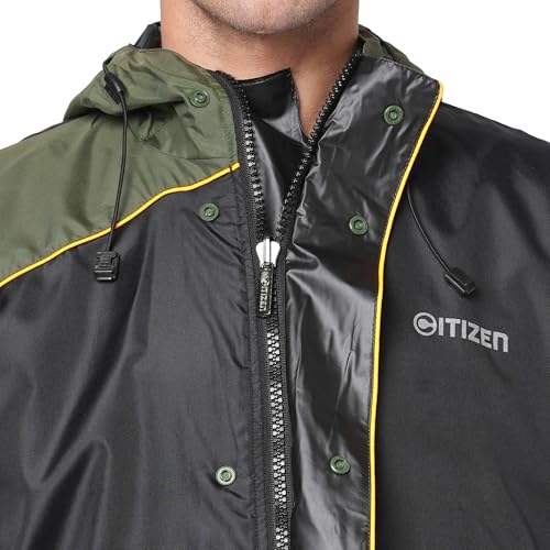 Image of Citizen Hooded Raincoat for Men Women Waterproof for Bike Riders 180T Micro Fabric Lightweight Stylish Sealed Hood, Large Pockets, Heavy-Duty Zippers Rainwear with Carry Pouch-CR013