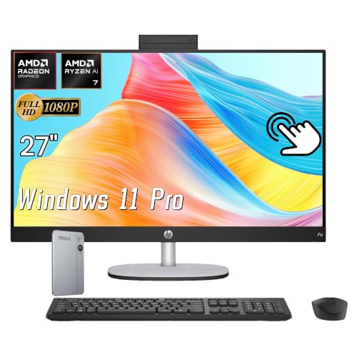 Image of HP 27 inch FHD All in One Touchscreen Desktop Computer, 64GB DDR5-5600, 2TB SSD | AMD Ryzen AI 7 350(Max 5.0 GHz), FHD IPS Display, Win 11 Pro, for Home & Office, Adjustable Height, KB & Mouse, W /AI Recorder