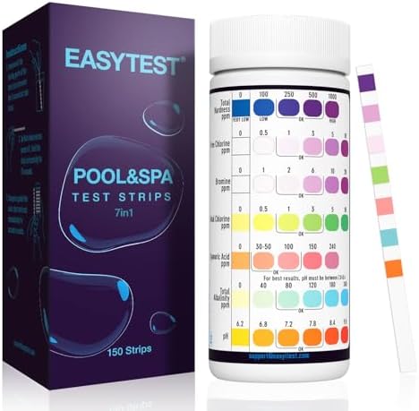 EASYTEST 7-Way Pool Test Strips, 150 Strips Water Chemical Testing for Hot tub and Spa, Accurate Test Bromine, Total Alkalinity, pH, Free Chlorine, Total Hardness, Cyanuric Acid, and Total Chlorine
