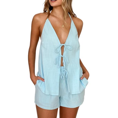 Image of ROAONOCOMO Women Tie Front Shorts Set V Neck Halter Cami Top Y2K 2 Piece Pj Set Graphic Summer Beach Lounge Outfit