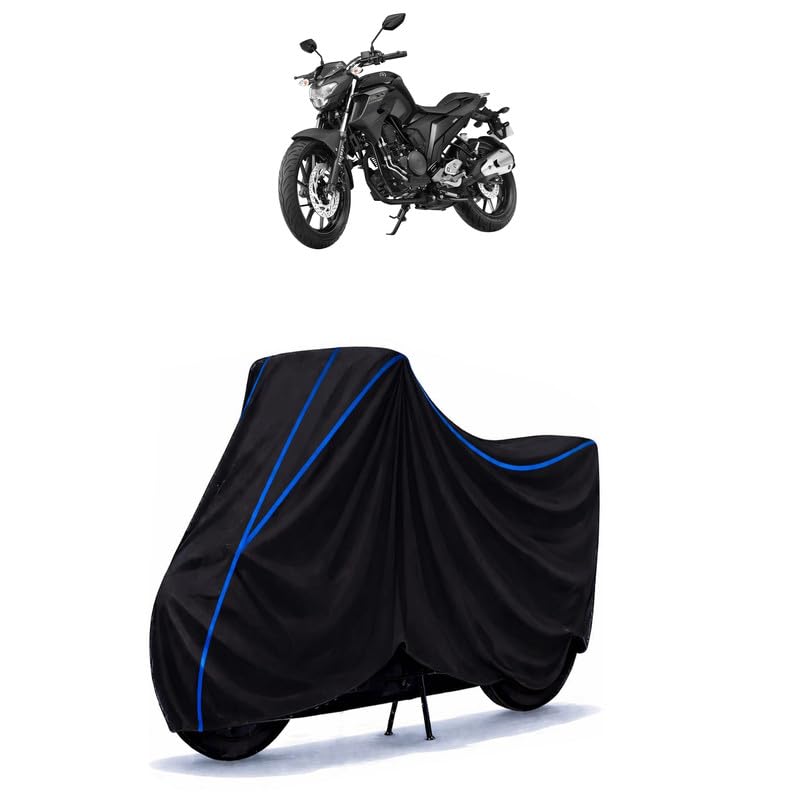 Image of FZS 25 Bike Cover Water Resistant Universal Motorcycle Rain | Heavy Duty UV Protection, Dust, Scratch Indoor Outdoor All Weather with Black Blue Piping Elastic