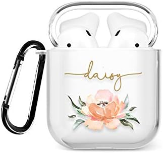 Tirita Personalised Case Compatible with AirPods 1st & 2nd generation Support Wireless Charging with Carabiner, Front LED Visible [04- Rose Gold Monogram]