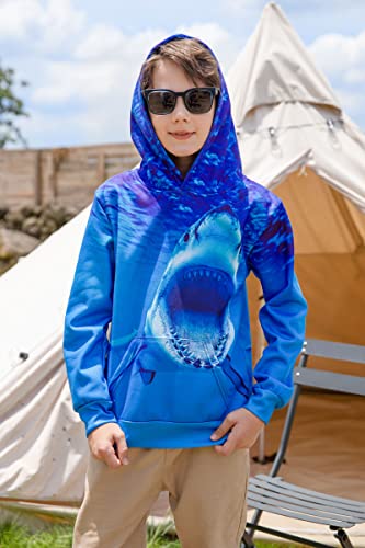 Idgreatim Teens Boys Girls 3D Graphic Hoodies Blue Shark Hooded Sweatshirt Long Sleeve Casual Tunics Lightweight Loose Fit Pullover Tops Size 14-16T #TOP1