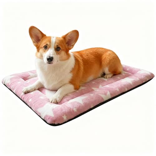 ROFKISS Washable Dog Bed Mat With Anti-Slip Bottom, Deluxe Plush Memory Foam Crate Pad & Waterproof Outdoor Kennel Mat For Dogs & Cats-Durable Crates Beds, Large Medium Small Puppy Size 24" x 18",pink