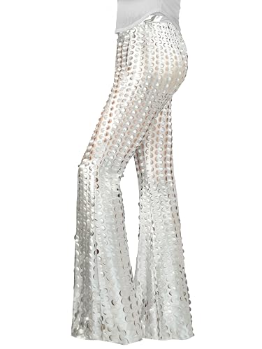 Nawgut Sequin Flare Pants Sparkly Glitter Bell Bottom High Waisted Hollow Trousers Party Clubwear for Women, Silver, M
