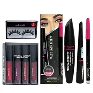 Cosmac professional eyeliner, mascara, eyebrow pencil, mini lipstick (pack of 4) & eyelashes. Combo (set of 5)