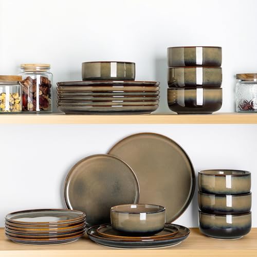 Image of TheTerra Ceramic Dinnerware Sets for 8, 24 Pieces Handmade Reactive Glaze Plates and Bowls Set, Scratch Resistant Dish Set, Oven & Microwave & Dishwasher Safe, Brown