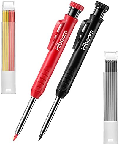 Hiboom 2 Pack Solid Carpenter Pencil with 14 Refill, Long Nosed Deep Hole Mechanical Pencil Marker with Built-in Sharpener for Carpenter Woodworking Architect Fathers Day Gift (Black, Red)