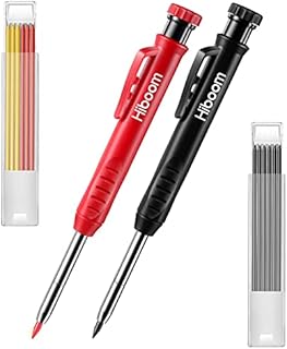 Hiboom 2 Pack Solid Carpenter Pencil with 14 Refill, Long Nosed Deep Hole Mechanical Pencil Marker with Built-in Sharpener for Carpenter Woodworking Architect Fathers Day Gift (Black, Red)