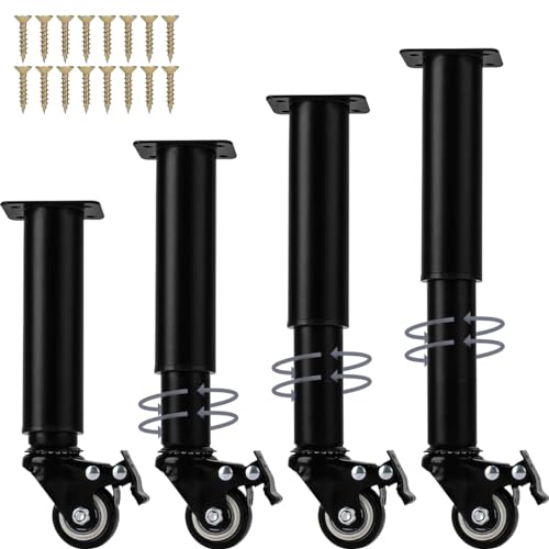 12.4-18 Inch / 31-45cm Metal Adjustable Furniture Legs with Swivel Caster Wheels, 4Pcs Heavy Duty Replacement Support Legs for Cabinet/Storage Shelf/Chair/Dresser/Coffee Table
