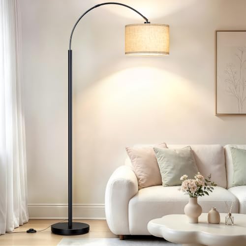 Arc Floor Lamps for Living Room, Black Standing Lamp with Linen Shade
