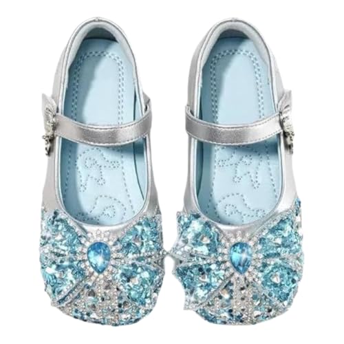 Girls Princess Mary Jane Shoes, Silver and Blue Crystal Bow Design, Sparkly Dress Flats