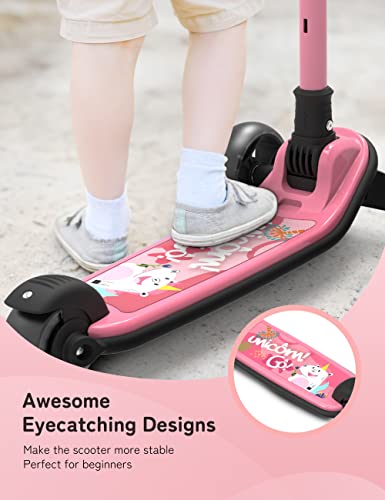 besrey Kinder Roller, Höhenverstellbarer Kinderscooter, Faltbarer Tretroller mit LED-Leuchträdern für Jungen & Mädchen von 2 bis 8 Jahren - Einhorn Rosa