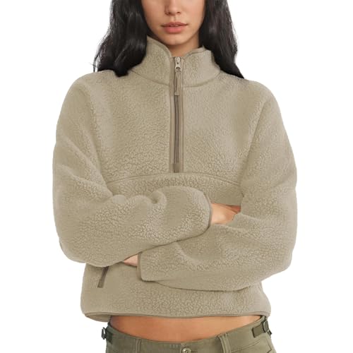 Image of Keeliya Womens Fleece Sweatshirts Cropped Half Zip Fuzzy Warm Sherpa Pullover Varsity Jackets with Zipper Pockets, Khaki, L