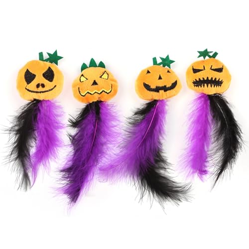 Haourlife Pumpkin-Shaped Cat Toys 4-Pack with Feathers