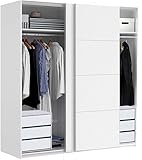 Armario alto INCLUIDIOS DOS MUEBLES CAJONERAS, con dos puertas correderas en color blanco brillo ideal para cualquier tipo de dormitorio por su diseño sencillo y funcional. Tiene una gran capacidad de almacenaje para mantener tu ropa y complementos siempre organizados. Está fabricado en melamina de alta calidad. Incluye una barra y una balda para cada lado del armario. De fácil montaje y resistente al uso