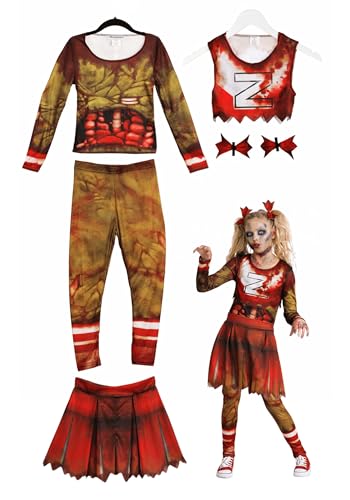 Disfraz de animadora zombie para niñas, top rojo y falda rota miniatura 1