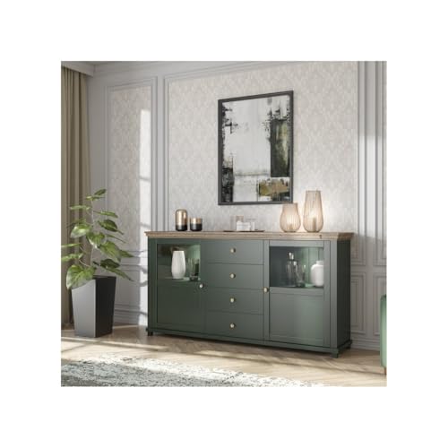 Buffet 180Cm Con Led Integrate Collezione Assia. Colori Verde E Rovere. 2 Porte E 4 Cassetti. - 2
