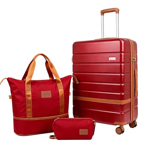 Image of 20-Inch Carry-On Luggage Set (3-Piece) - Lightweight & Durable Hardshell Spinner Suitcase with TSA Lock | PC+ABS Material | Airline Approved for Business and Family Travel, in Red