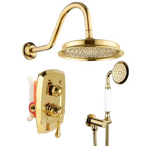 ZYGOLVQ Antique Rain Shower-Faucet Set System: 9 inch Rainfall Head and Vintage Handheld Spray, 2 Way Diverter Brass Valve with Trim Kit, Wall Mount Bathroom Fixtures, Gold