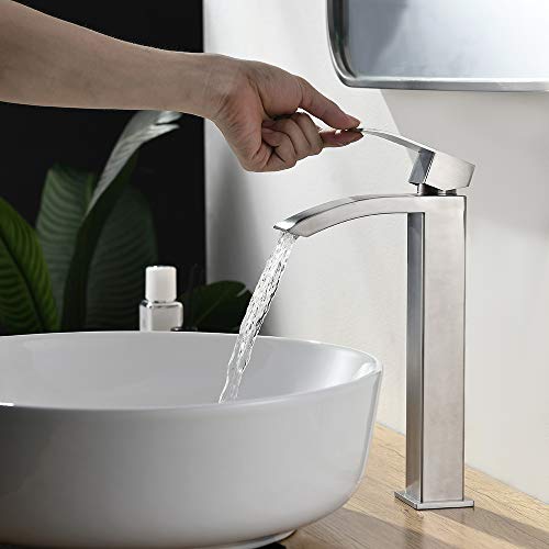 Comllen Vessel Sink Faucet Brushed Nickel, Tall Waterfall Bathroom Faucet, Single Handle One Hole Mixer Bowl Tap With Large Rectangular Spout With Water Hoses #TOP5