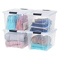 IRIS USA 40 Qt Stackable Plastic Storage Bins with Lids, 4 Pack - BPA-Free, Made in USA - See-Through Organizing Solution, Latches, Durable Nestable Containers, Secure Pull Handle - Clear