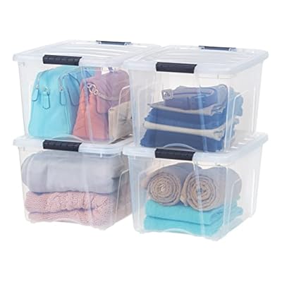 IRIS USA 40 Qt Stackable Plastic Storage Bins with Lids, 4 Pack - BPA-Free, Made in USA - See-Through Organizing Solution, Latches, Durable Nestable Containers, Secure Pull Handle - Clear
