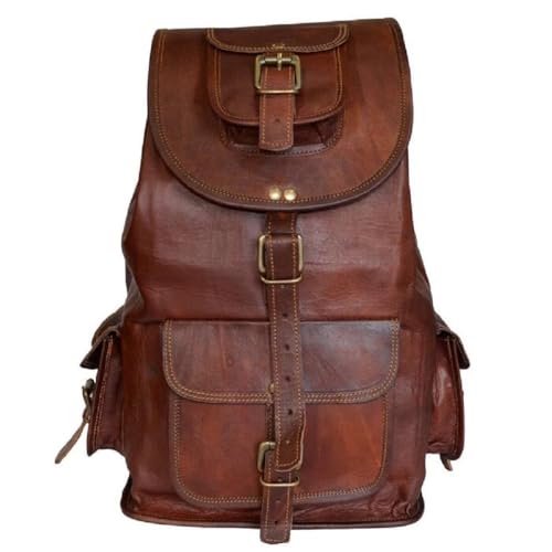 IZAC & DAUD Men Travel Backpack, Genuine Leather Retro Distressed Cowhide Leather Backpack for Men Travel Weekender Daypack (22-Inch)