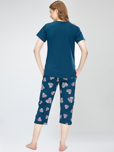 Image of ZEYO Night Suit for Women's Heart Printed Cotton Night Dress of Top and Capri Set 5747