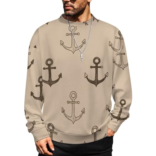 MoBlinko Mens Crewneck Sweater Beige Anchors Summer Mens Sweater Sweaters for Men 2XL Long Sleeve Lightweight Pullover