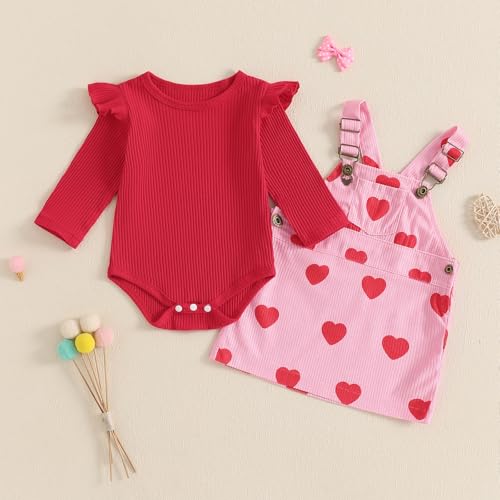 Karuedoo Newborn Baby Girl Valentines Outfit Ruffle Long Sleeve Romper Corduroy Suspender Skirt Overall Dress Set2