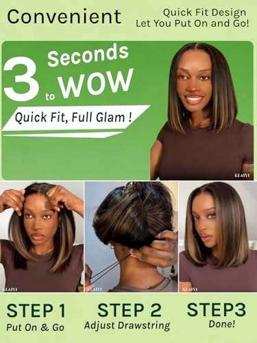 Image of KLAIYI Bye Bye Slip Yaki Straight Bob Wig Glueless Ombre Highlight Balayage Brown Precut 7x5 Lace Front Wigs Human Hair Drawstring Pre Plucked Bleached Knots Ready to Wear and Go Beginners Wig 10Inch