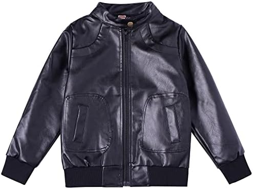 Boy's Trendy Stand Collar PU Leather Moto Jacket Leather Coat, Black, 140(8/9 yr)