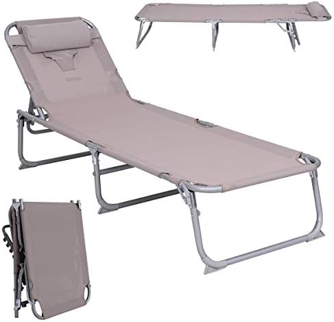 MBN Comfortable Adjustable Outdoor Beach Pool Folding Reclining Chaise Lounge Patio Recliner Chairs with Cushion Face Hole and Steel Frame (Beige)