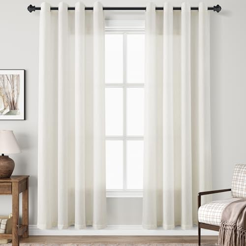Image of Natural Cream Linen Curtains 80 Inch Length for Living Room Neutral Grommet Top Light Filtering Semi Sheer Curtain Textured Modern Farmhouse Rustic Short Window Drapes for Bedroom 52x80,2 Panels Set
