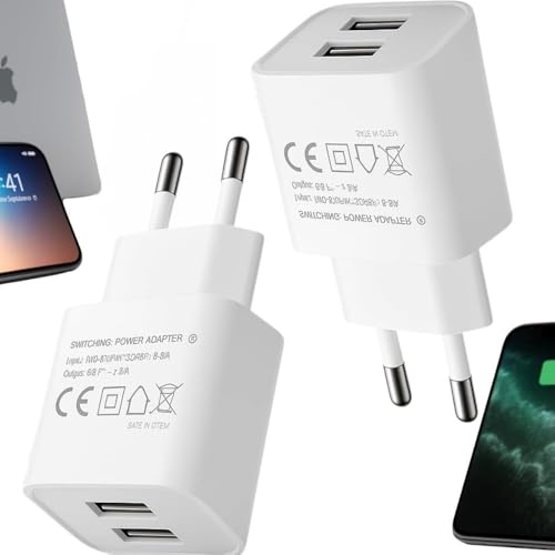 Cargador USB Pared 2 Puertos Rápida 5V/2A Enchufe Tipo Europeo Adaptador para Móviles Tablets