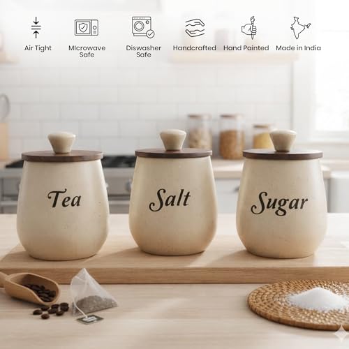 Image of Ceramic Tea Sugar Salt Containers Set of 3 with Wooden Lids | Jar & Container for Kitchen Storage Set | Multi Utility Air Tight Kitchen Organizer Items (Hand-Painted, 410 ML)