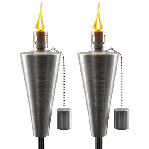 Matney Edelstahl Tiki Fackeln - 1,5m Outdoor Ölfackel Lampe für Citronella - Garten Rasen Hinterhof Party - Inklusive Fiberglas Docht und Löschkappe - 2er Set (Silberfackel Set - Kegel)