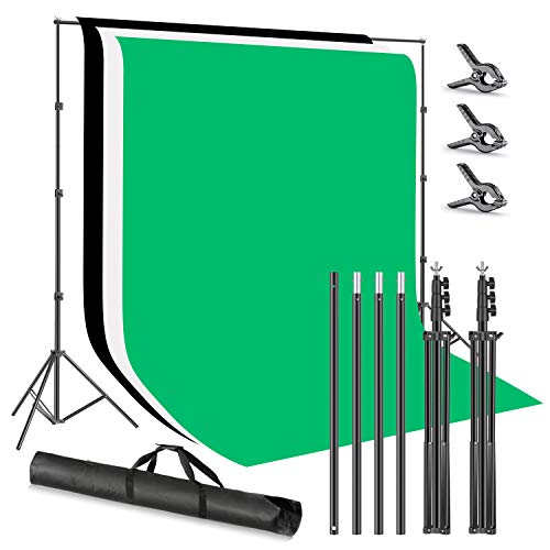 Neewer Foto Studio 2,6x3m Hintergrundstativ Hintergrundstützsystem mit 1,8x2,8m Polyester-Hintergrundklemmen (weiß schwarz grün) und Tragetasche für Produktporträt Videoaufnahmen