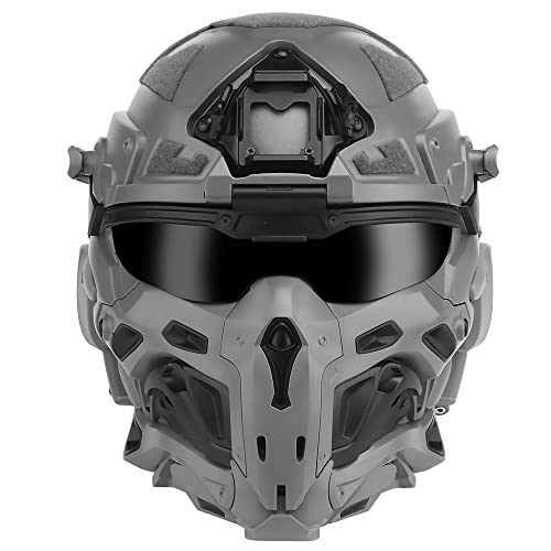 Doxiglobal Full Face Head Helmet Build In-Headset & Anti-Fog Fan Airsoft Fast Helmet Googgle Mask Set Tactical Paintall Cosplay(Grey) #TOP12