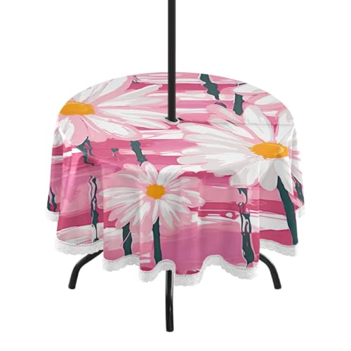Wajiw 60 Inch Indoor Outdoor Round Tablecloth with Umbrella Hole and Zipper Waterproof Patio Table Cover for Camping Dining Room Party Outdoor Picnic,Pink Daisies