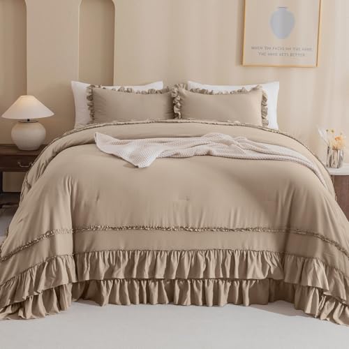 Image of QSH 3PCs Light Taupe Oversized California King Ruffled Bed Comforter Set 128x120, Farmhouse Vintage Chic Comforter French Country Shabby Comforter Soft Microfiber Fluffy Bedding Set