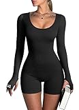 OQQ Women Yoga Rompers Ribbed Workout Long Sleeve Round Neck Exercise Jumpsuits Rompers Black