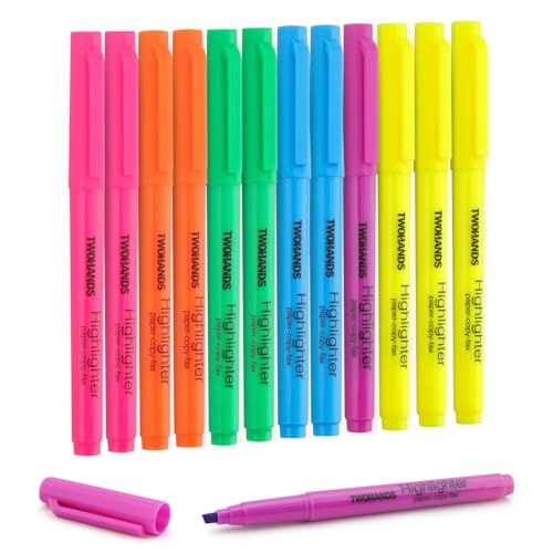 TWOHANDS Highlighter Pens, Bright Highlighters with Chisel Tip, Portable Clip Design, No Bleed, Long-lasting, Assorted Colours, 12 count, Ideal for Home & Office, 21304