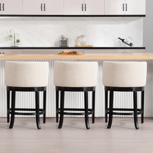 CIMOTA 26" Modern Counter Height Bar Stool Set of 1, Farmhouse Barrel Bar Stool with Back and Arms, Natural Wood Frame, Linen Fabric Upholstered Barstool for Kitchen Island/Counter, Beige