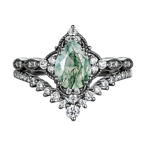 Black Gold Plated Natural Moss Agate Bridal Ring Set 925 Sterling Silver Genuine Green Pear Cut Moss Agate with Moissanite Ring Set Engagement Band Gift for Women Her